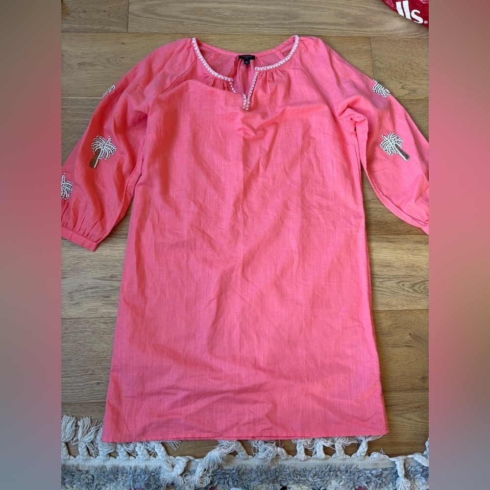 Talbots linen/cotton shift dress either beaded palm trees MP - Picture 3 of 7